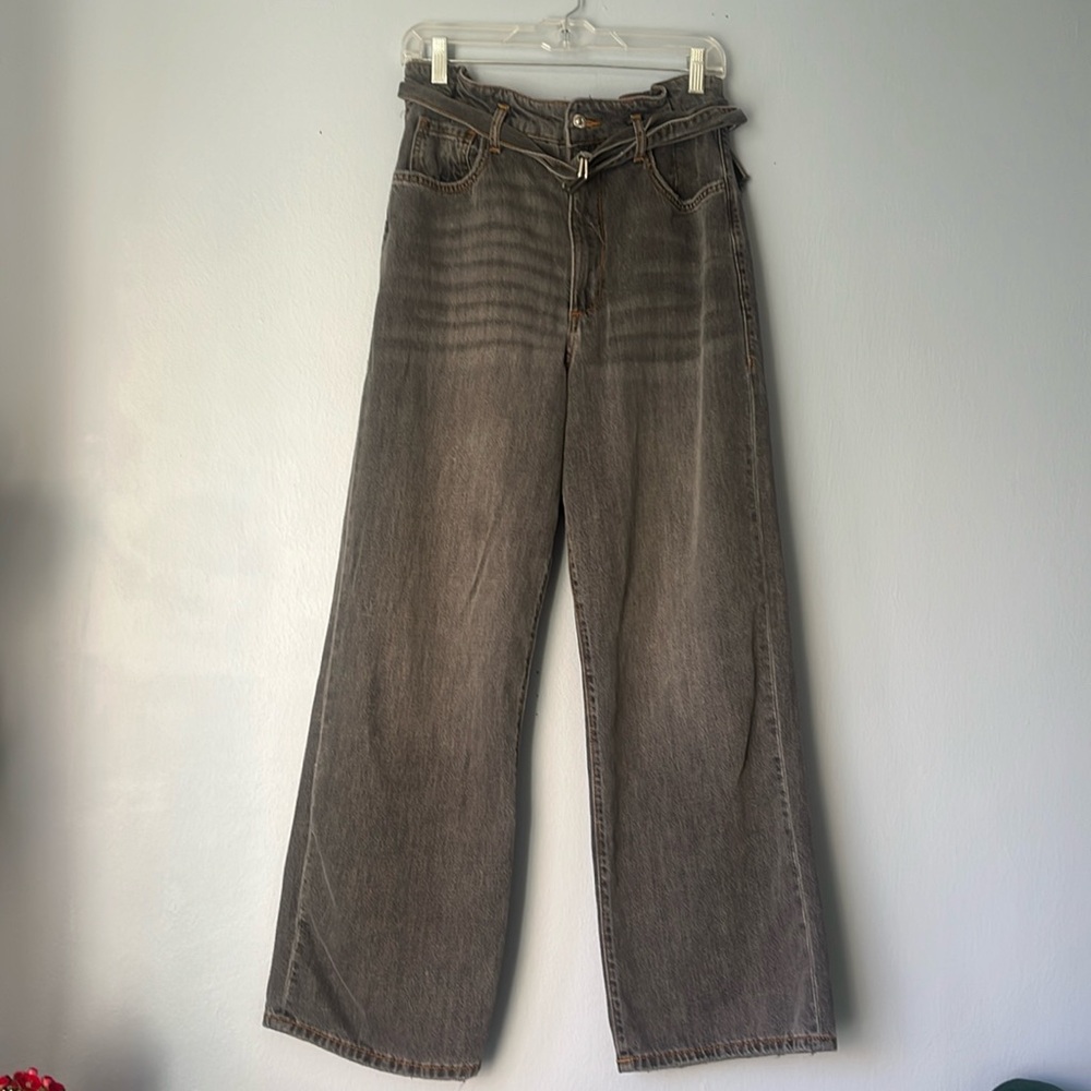 Zara wide leg, high waisted paper bag jeans with a belt.